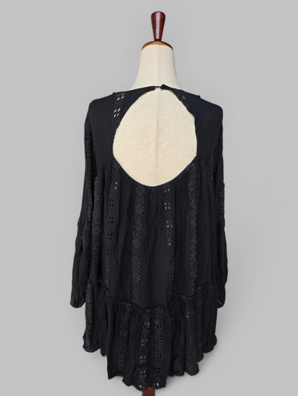 Free People Boho Eyelet Mini Dress Tunic Open Back Laced Black - Picture 2 of 4